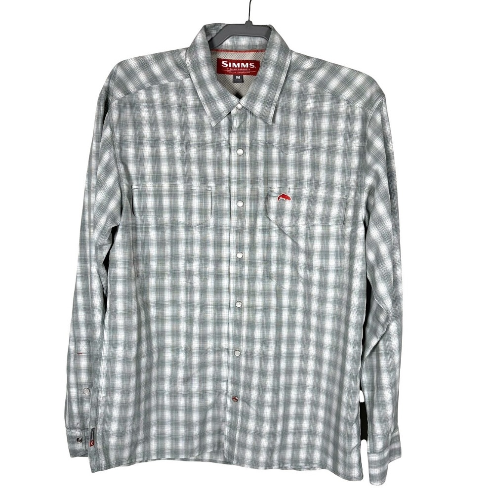Simms Big Sky Fishing Shirt Mens M Plaid Snap Front Vented Pockets Outdoor